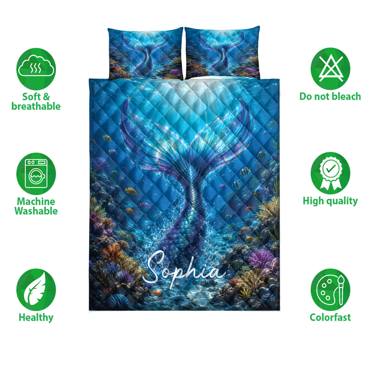 Blue mermaid quilt bedding set with underwater tail artwork, coral reef colors, and product feature icons