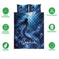Mermaid quilt bedding set shown with underwater artwork and soft breathable, washable, and colorfast feature icons
