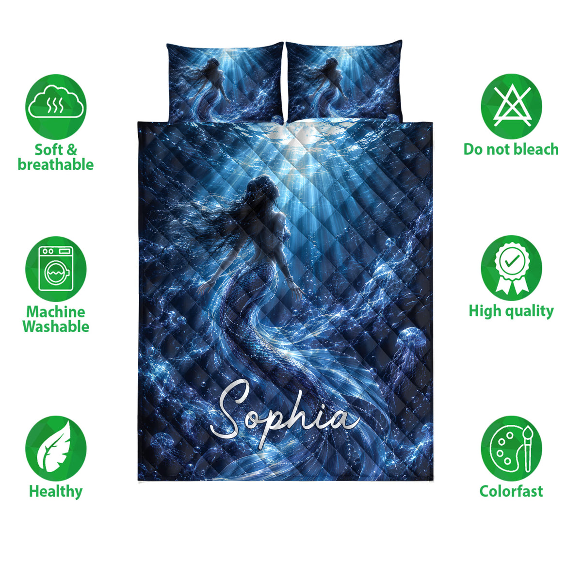 Mermaid quilt bedding set shown with underwater artwork and soft breathable, washable, and colorfast feature icons