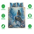 Mermaid quilt bedding set shown with underwater artwork and feature icons around the bed