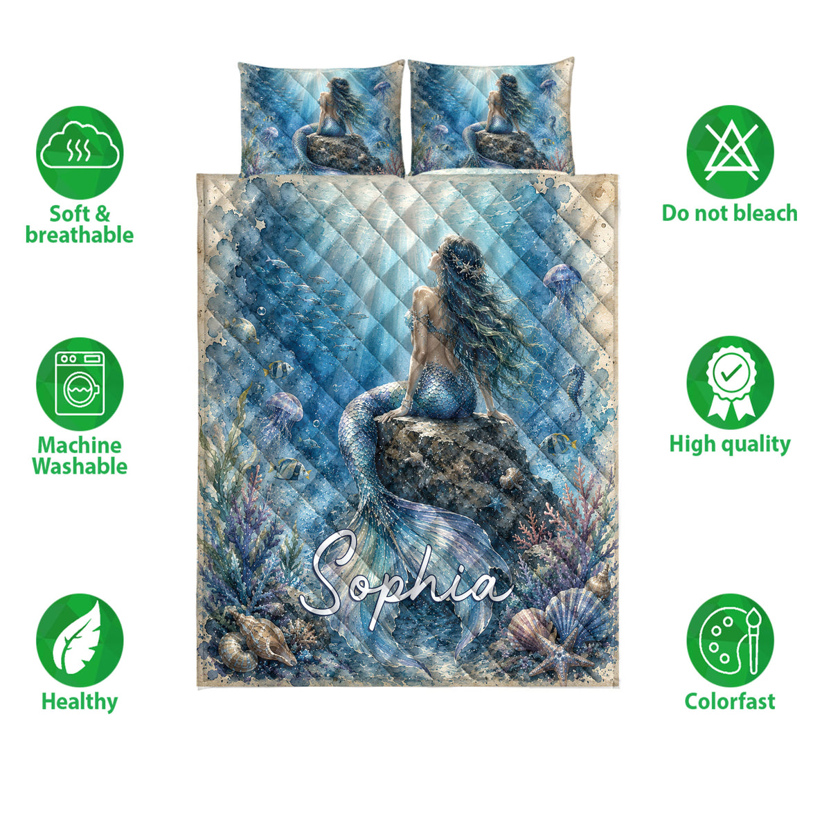 Mermaid quilt bedding set shown with underwater artwork and feature icons around the bed