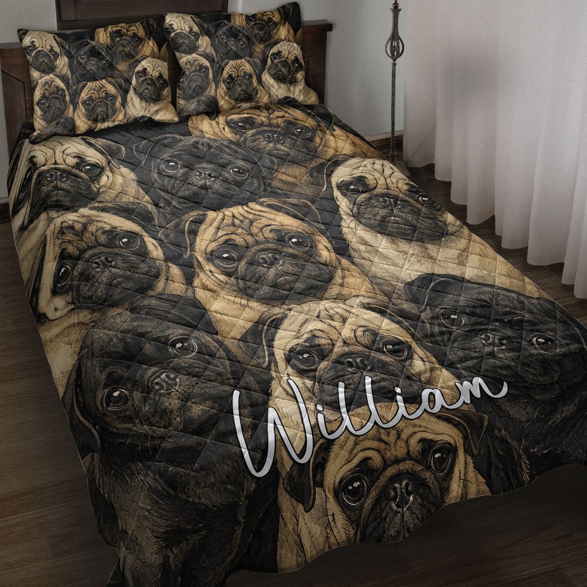 Pug quilt blanket spread across a bed with repeating black and fawn pug artwork