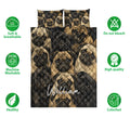 Pug quilt bedding display with repeating dog artwork and visible care feature icons