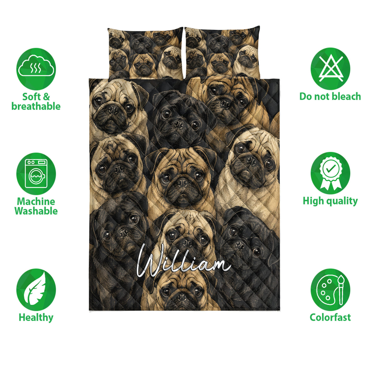 Pug quilt bedding display with repeating dog artwork and visible care feature icons