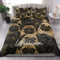 Pug quilt blanket styled on a bright bedroom bed with matching pug artwork pillows