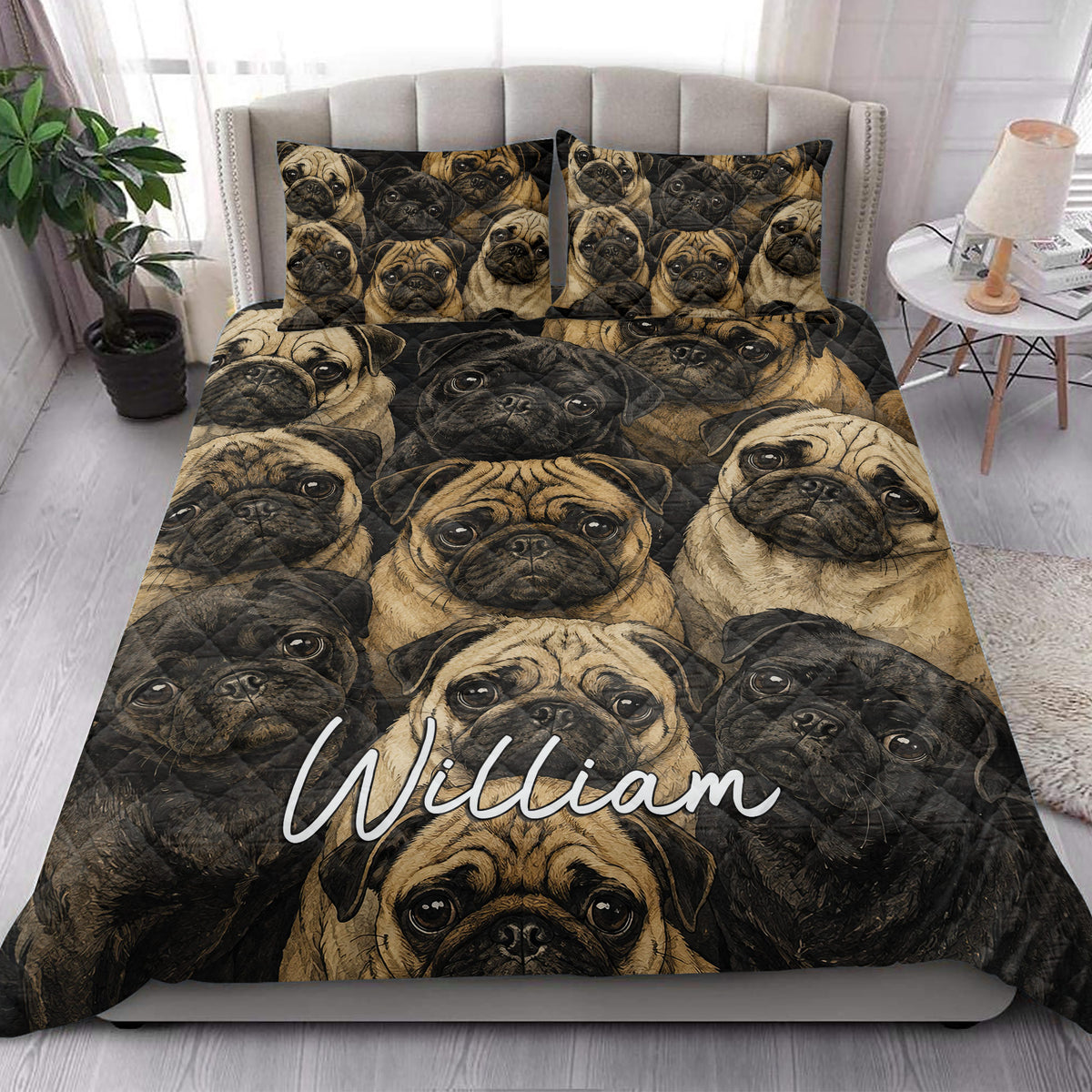 Pug quilt blanket styled on a bright bedroom bed with matching pug artwork pillows