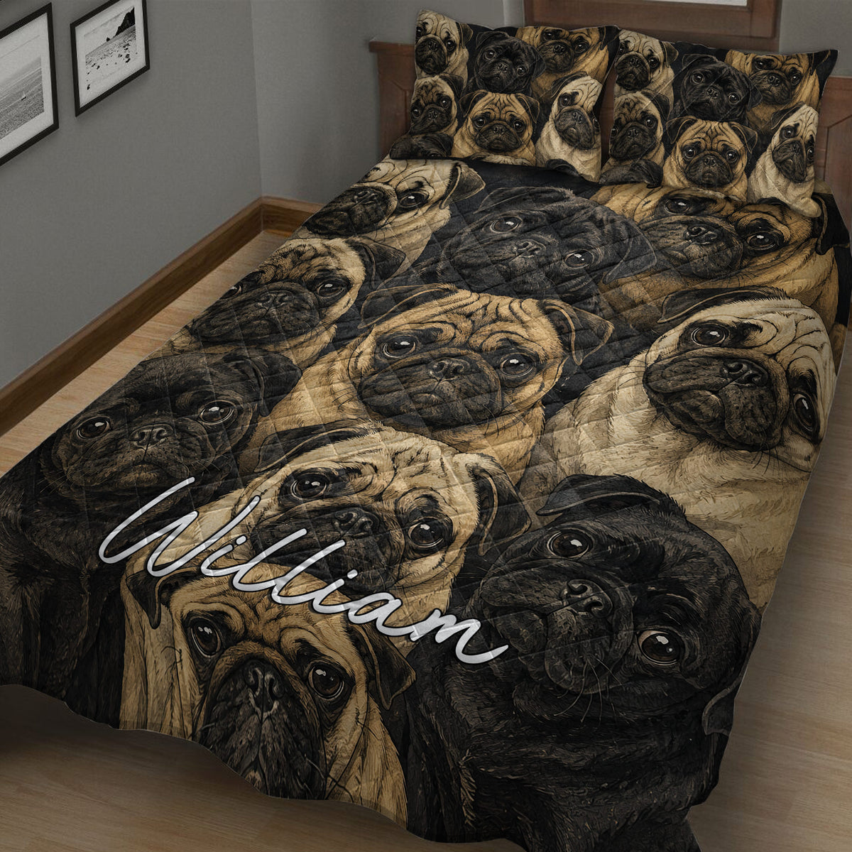 Close bedroom view of a pug quilt blanket featuring expressive black and fawn dog faces