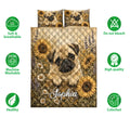 Pug quilt bedding set displayed with sunflower artwork and soft breathable feature icons