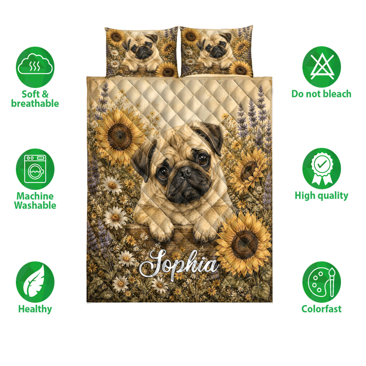 Pug quilt bedding set displayed with sunflower artwork and soft breathable feature icons