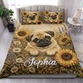 Pug quilt blanket styled on a bedroom bed with sunflowers and meadow flowers