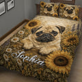 Close-up pug quilt blanket design surrounded by sunflowers, daisies, and lavender