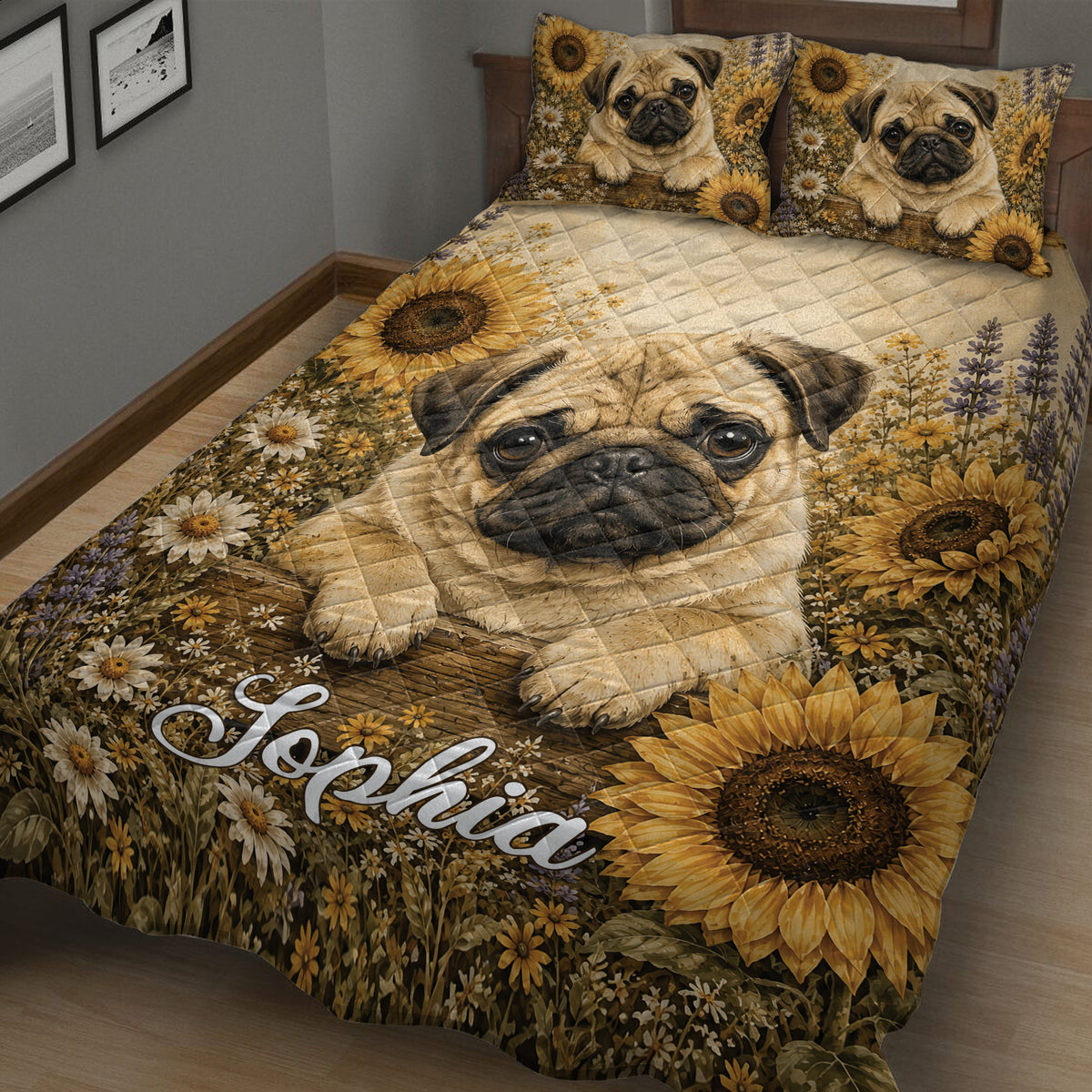 Close-up pug quilt blanket design surrounded by sunflowers, daisies, and lavender