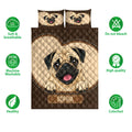 Pug quilt bedding set shown against a white background with illustrated dog artwork and feature icons