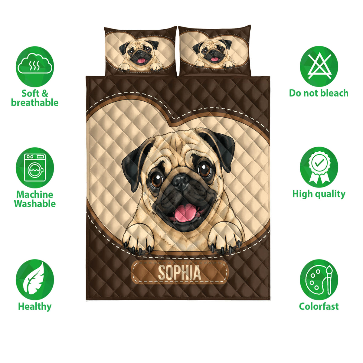 Pug quilt bedding set shown against a white background with illustrated dog artwork and feature icons