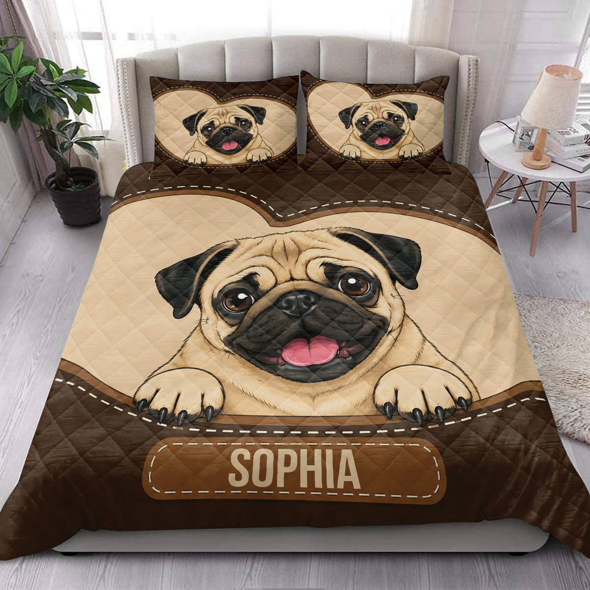 Pug quilt bedding set styled in a bright bedroom with a large cheerful pug illustration