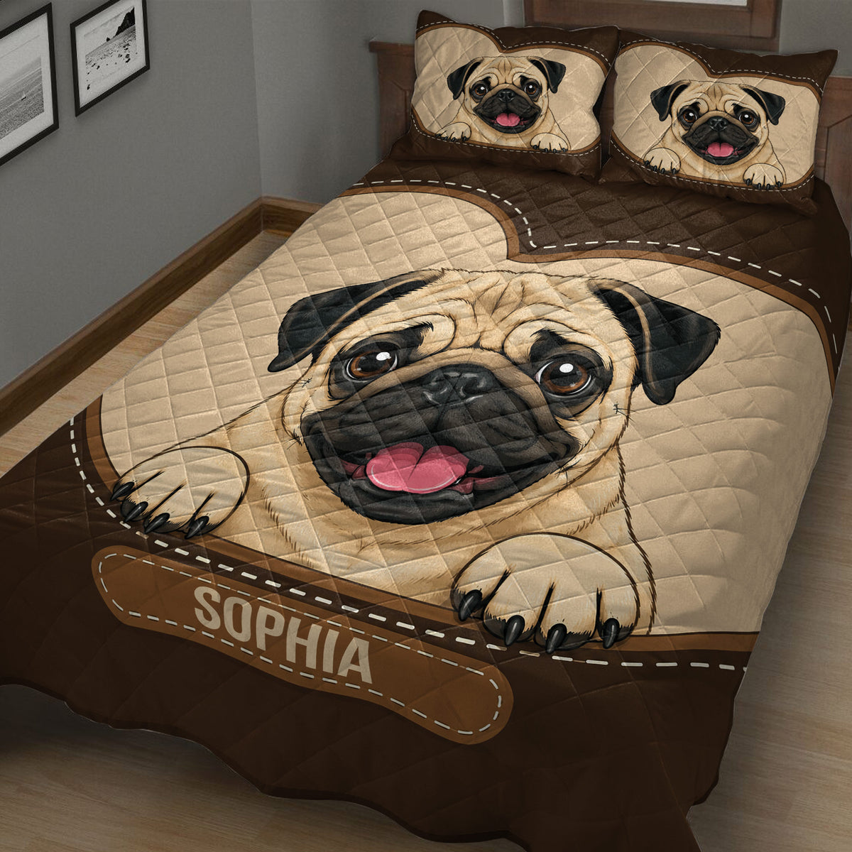 Close bedroom view of a brown and tan pug quilt blanket with matching illustrated pug pillow designs