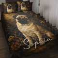 Pug quilt blanket displayed on a bed with floral artwork and matching pug pillow designs