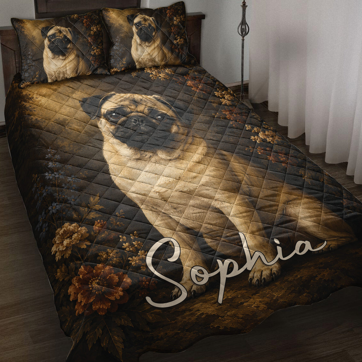 Pug quilt blanket displayed on a bed with floral artwork and matching pug pillow designs