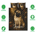 Pug quilt bedding set with dark floral artwork shown alongside soft and breathable feature icons
