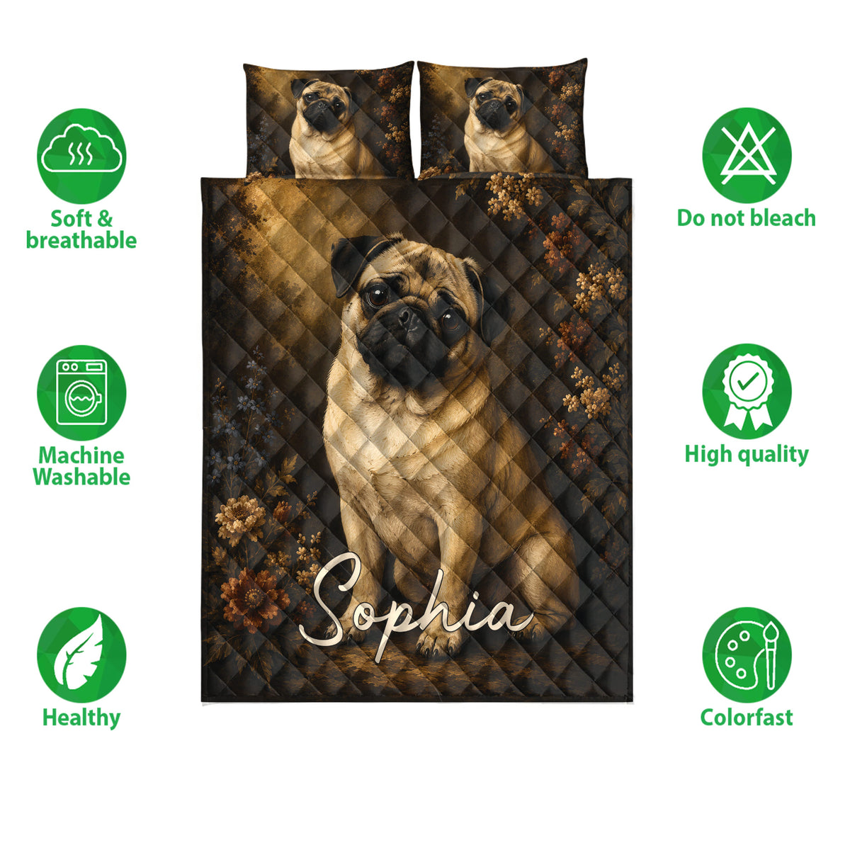 Pug quilt bedding set with dark floral artwork shown alongside soft and breathable feature icons