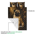 Pug quilt blanket showing the printed side and white quilted backing detail