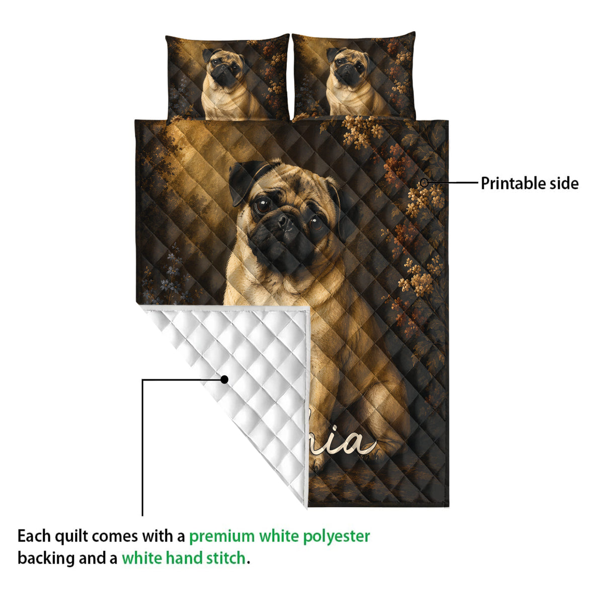 Pug quilt blanket showing the printed side and white quilted backing detail
