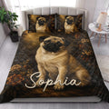 Pug quilt blanket styled in a bright bedroom with large floral dog artwork