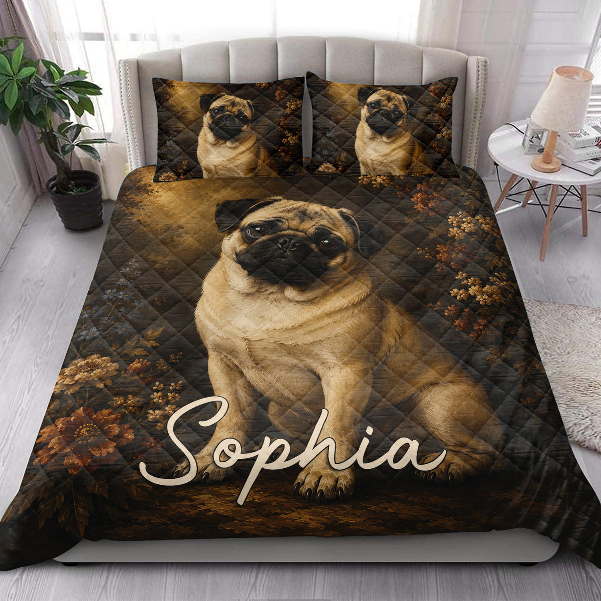 Pug quilt blanket styled in a bright bedroom with large floral dog artwork
