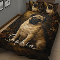 Close bedroom view of a dark floral pug quilt blanket with coordinated pug pillow artwork