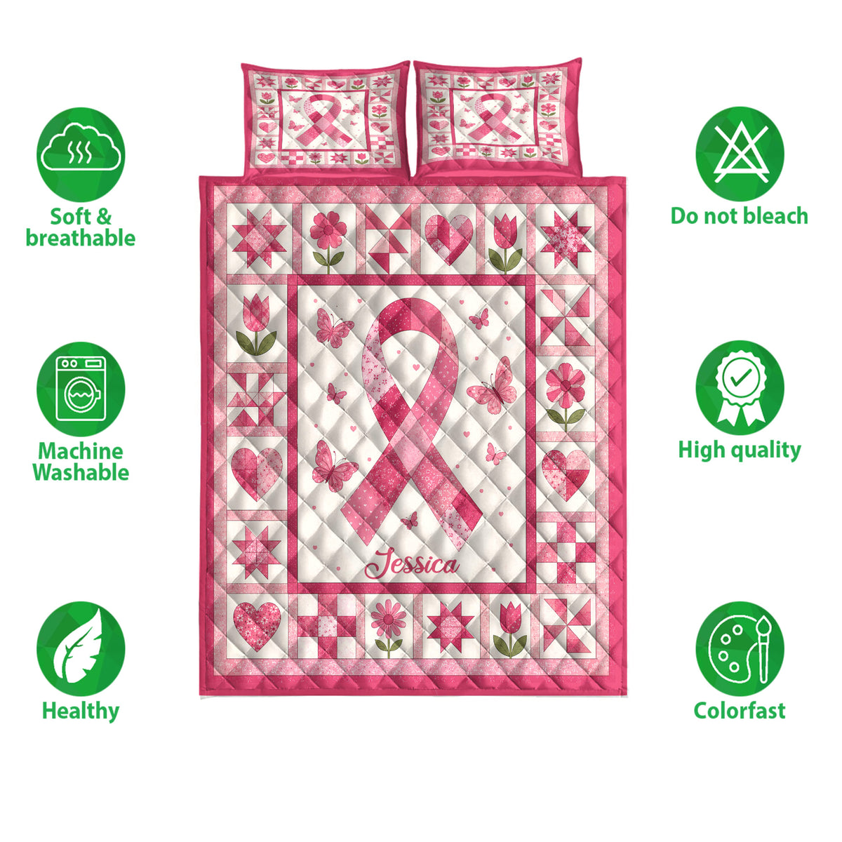 Pink breast cancer ribbon quilt blanket shown with floral patchwork, hearts, and breathable bedding features