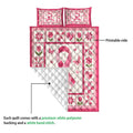Breast cancer ribbon quilt blanket showing the printed pink artwork and soft white quilted backing
