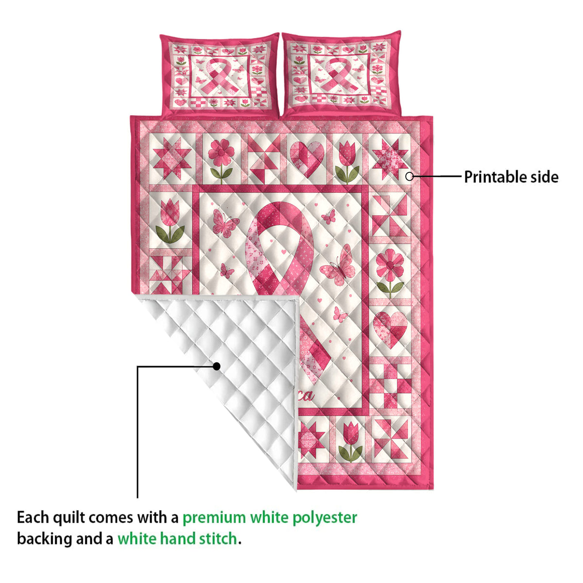 Breast cancer ribbon quilt blanket showing the printed pink artwork and soft white quilted backing