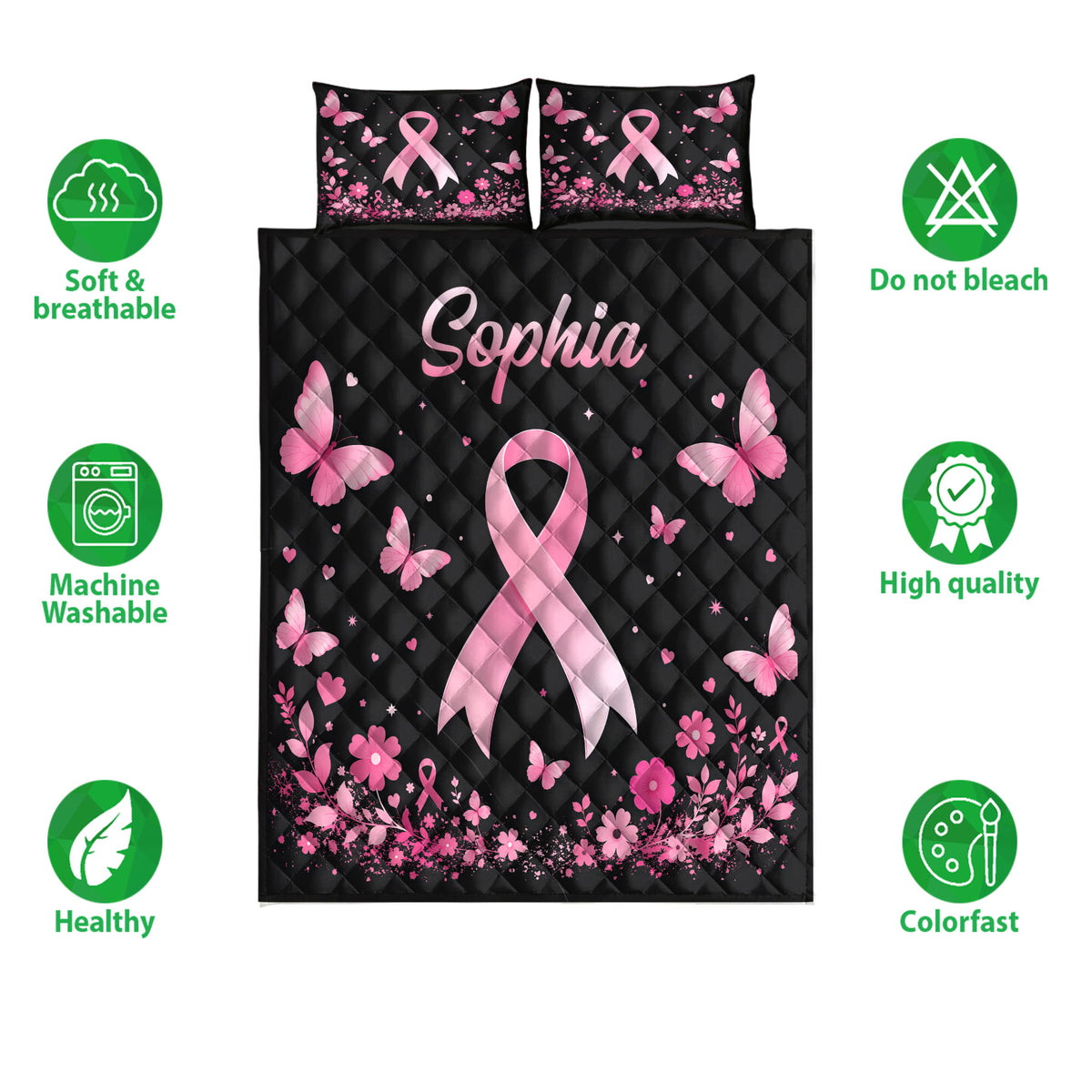 Breast cancer quilt bedding set with pink ribbon and butterfly artwork shown with product feature icons