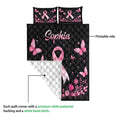 Breast cancer quilt showing the printed side, quilted pattern, and contrasting white backing detail