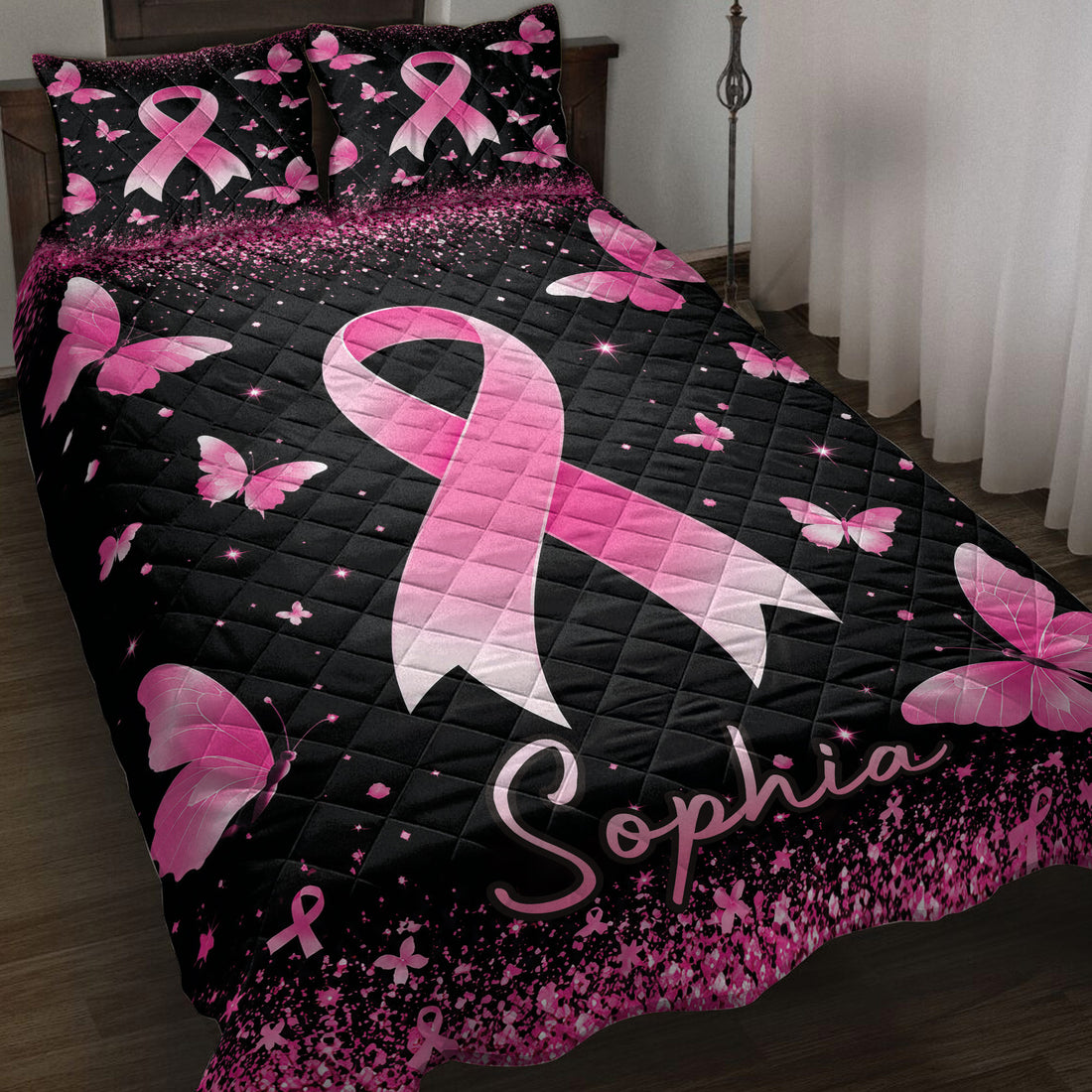 Black and pink breast cancer awareness quilt blanket with large ribbons, butterflies, and sparkling accents