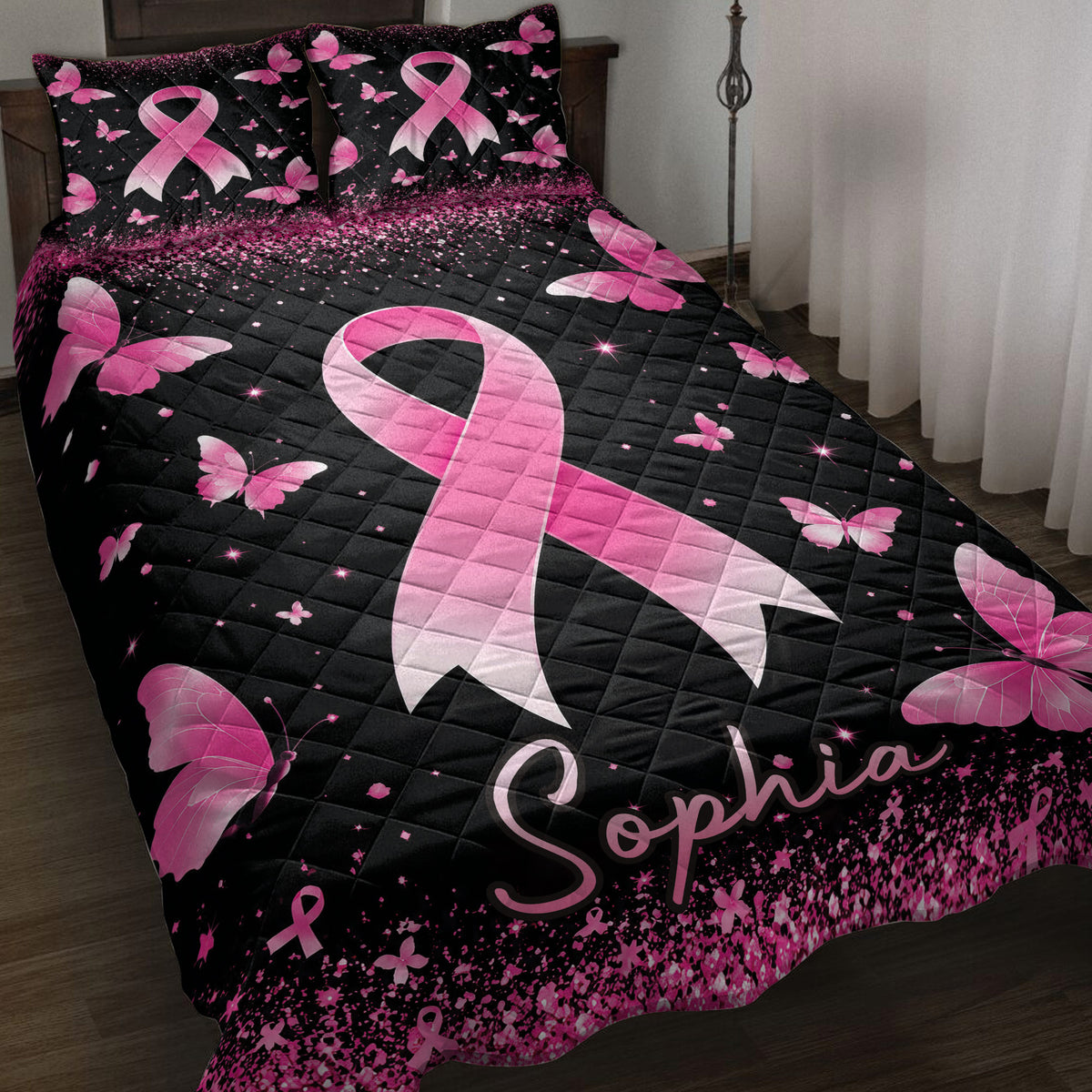 Black and pink breast cancer awareness quilt blanket with large ribbons, butterflies, and sparkling accents