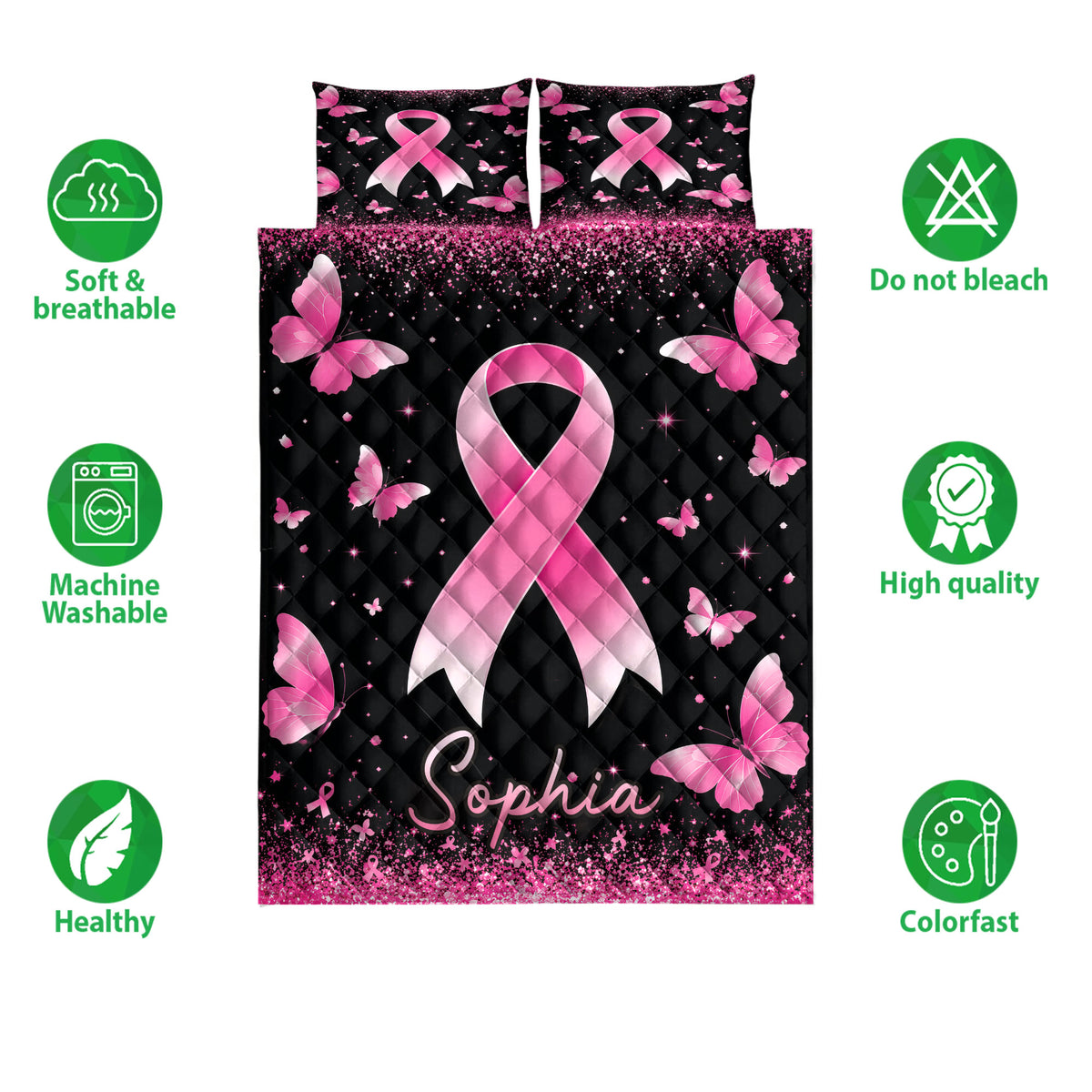 Breast cancer awareness quilt bedding set featuring pink ribbons and butterflies on a black background