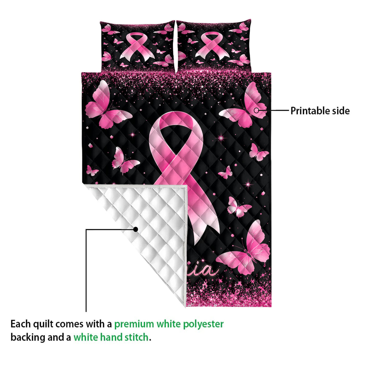 Pink ribbon and butterfly quilt showing the printed front and white quilted reverse
