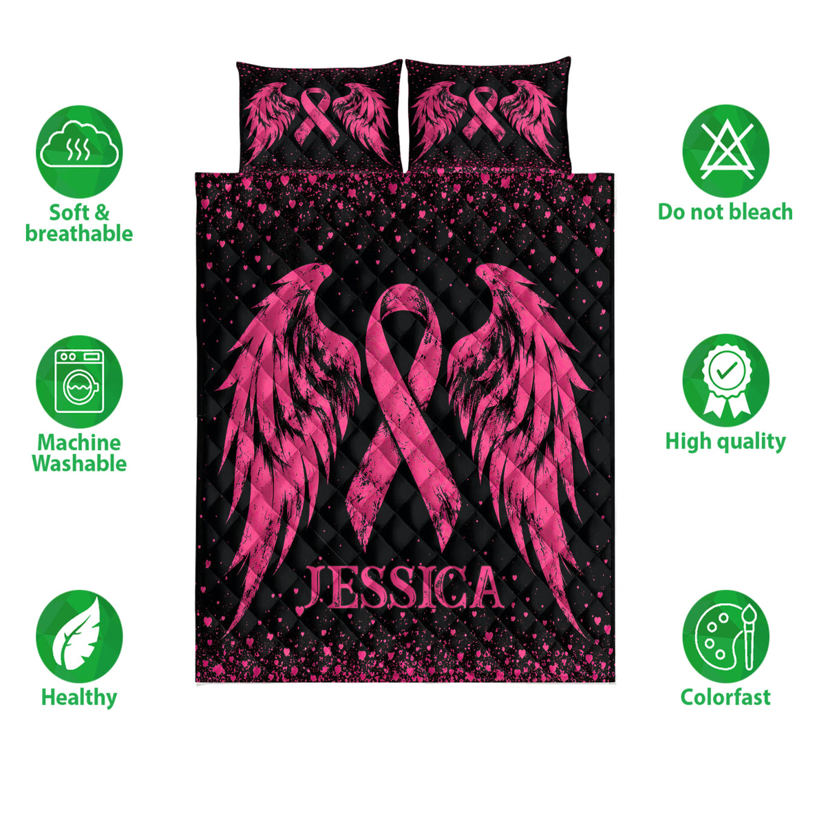 Breast cancer quilt bedding set shown with pink ribbon and wing artwork plus product feature icons