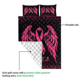 Breast cancer quilt blanket showing the printed front, white quilted backing, and winged ribbon design
