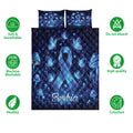 Diabetes awareness quilt bedding set with blue ribbon and butterfly artwork shown with care feature icons
