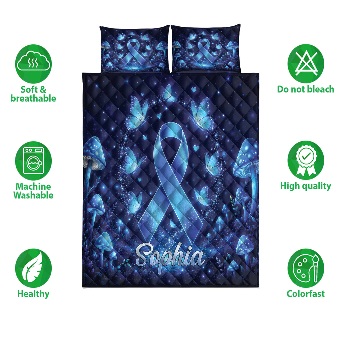 Diabetes awareness quilt bedding set with blue ribbon and butterfly artwork shown with care feature icons