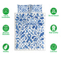 Diabetes awareness quilt bedding set with blue ribbons, flowers, and soft blue botanical design