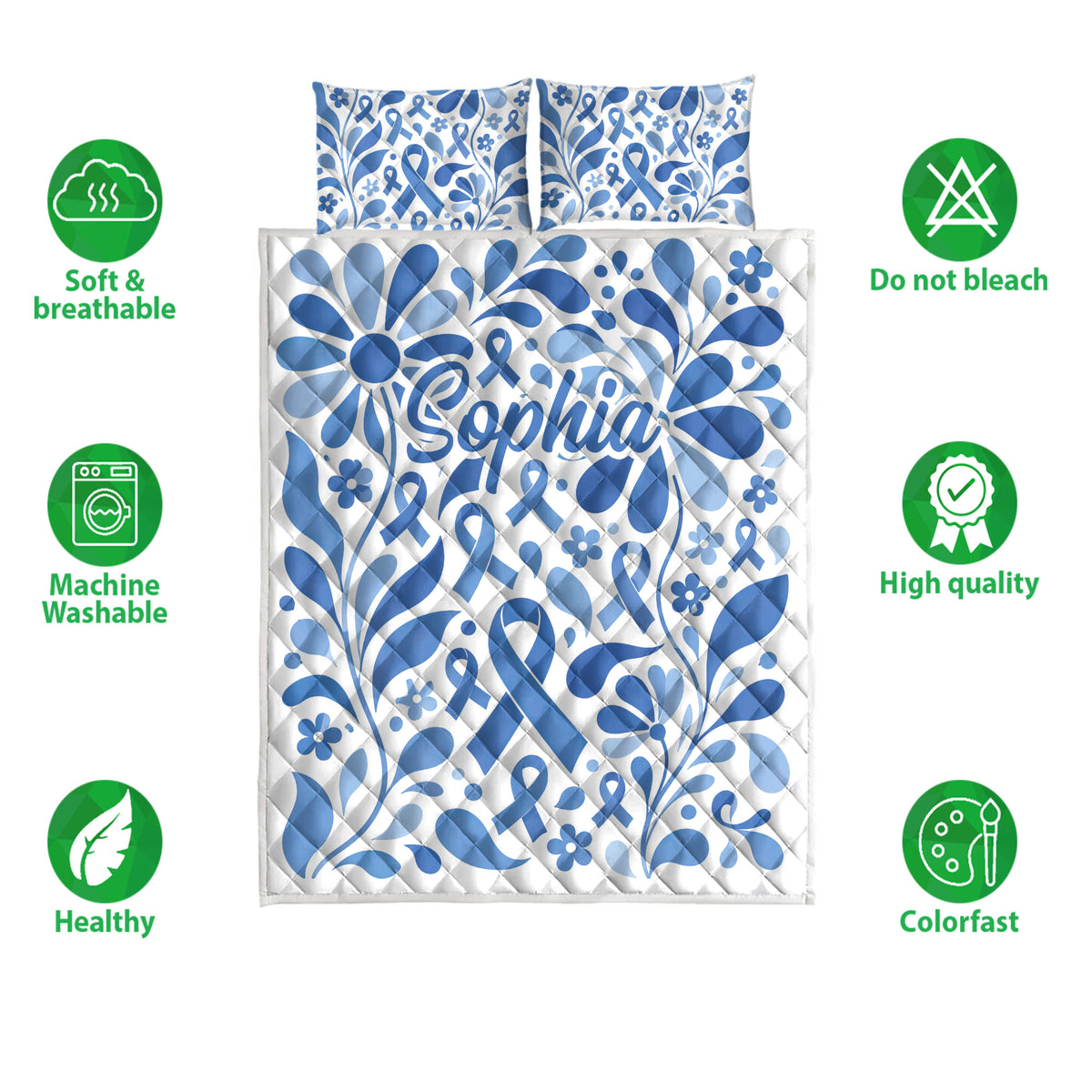Diabetes awareness quilt bedding set with blue ribbons, flowers, and soft blue botanical design
