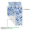 Diabetes quilt blanket showing a blue ribbon floral print side and white quilted backing