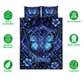 Diabetes awareness butterfly quilt bedding set shown with blue floral artwork and product feature icons