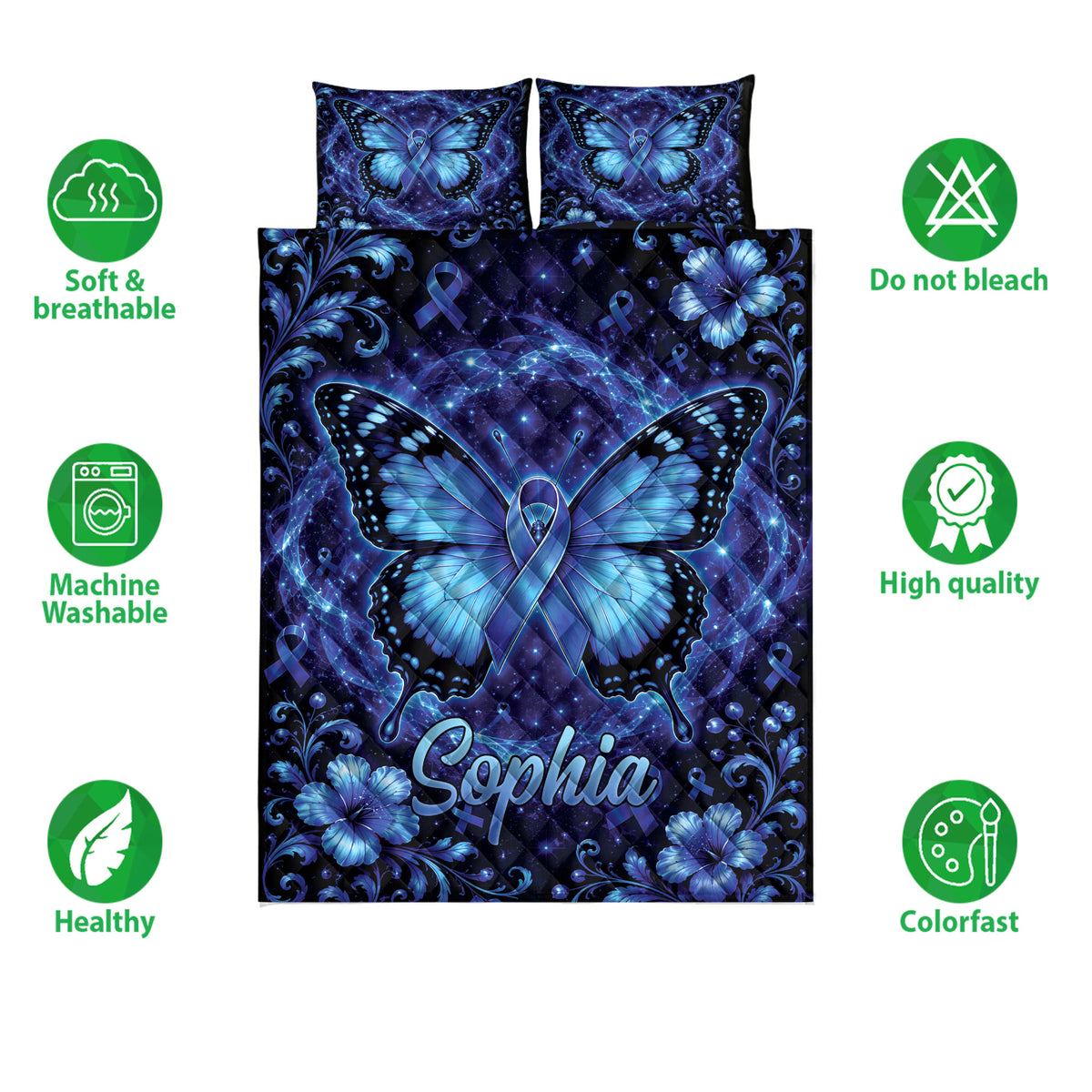 Diabetes awareness butterfly quilt bedding set shown with blue floral artwork and product feature icons