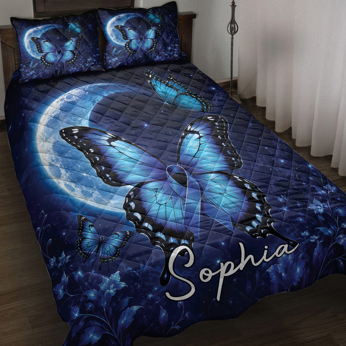 Blue butterfly diabetes awareness quilt blanket with moonlit night sky and floral bedroom artwork