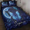 Blue butterfly diabetes awareness quilt blanket with moonlit night sky and floral bedroom artwork