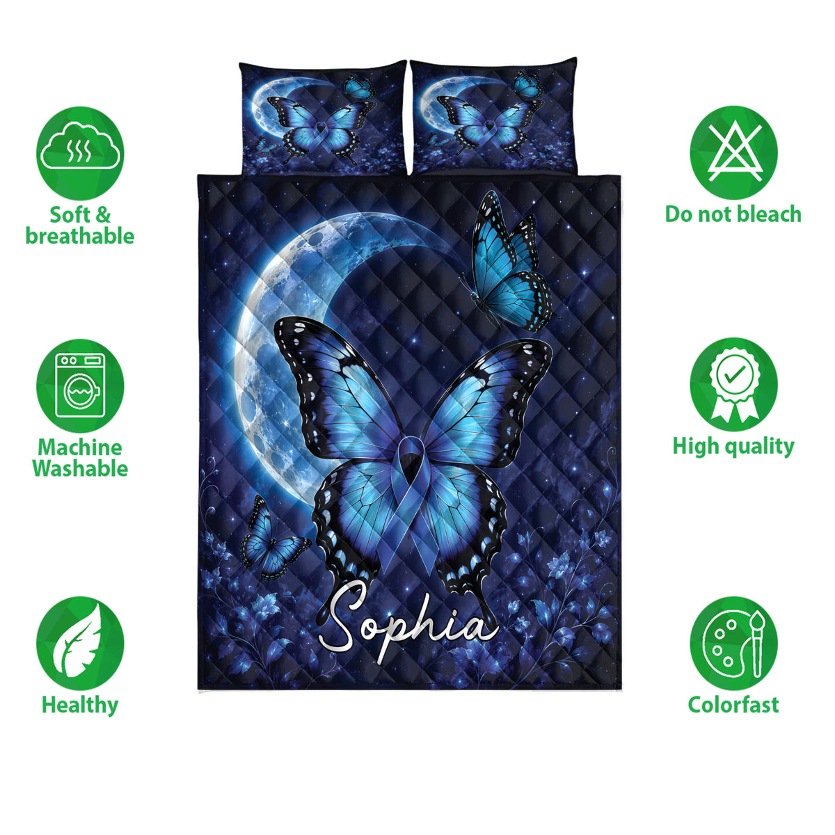 Diabetes awareness quilt bedding set showing blue butterflies, awareness ribbons, and moonlit artwork
